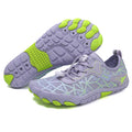 Purple and light gray waterproof barefoot sneakers with lime green rubber outsole
