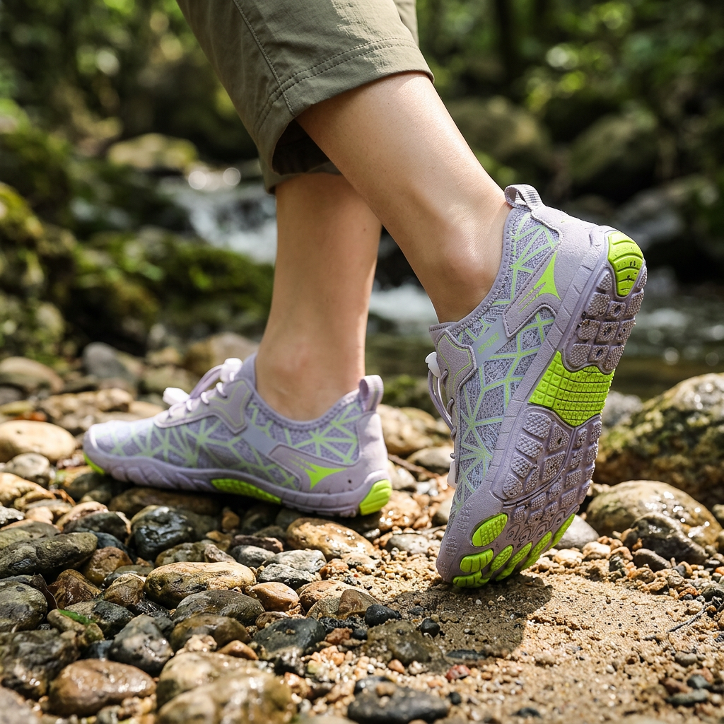Unisex water shoes on feet, lavender mesh uppers with green tread soles
