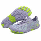 Unisex water shoes, lavender upper with green grippy sole and bungee lace loops