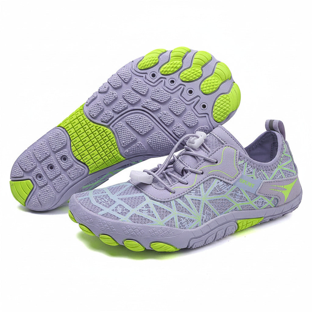 Unisex water shoes, lavender upper with green grippy sole and bungee lace loops