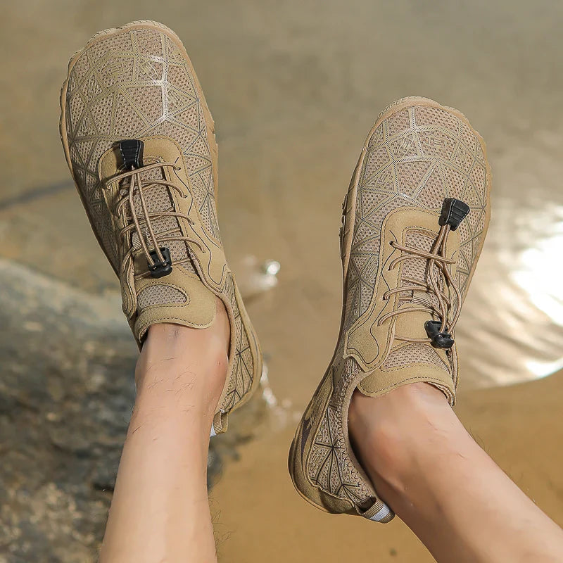 Earth brown waterproof barefoot sneakers with lace-up closure and rugged tread