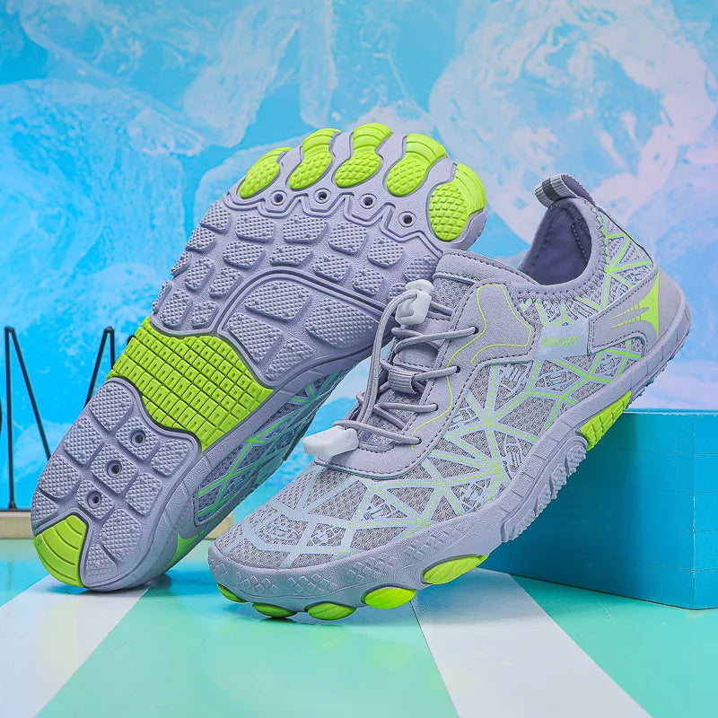 Light gray and purple waterproof barefoot sneakers with lime green outsole
