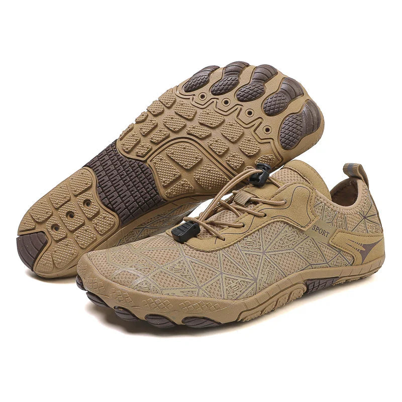 Tan waterproof barefoot sneakers with lace-up front and durable rubber tread