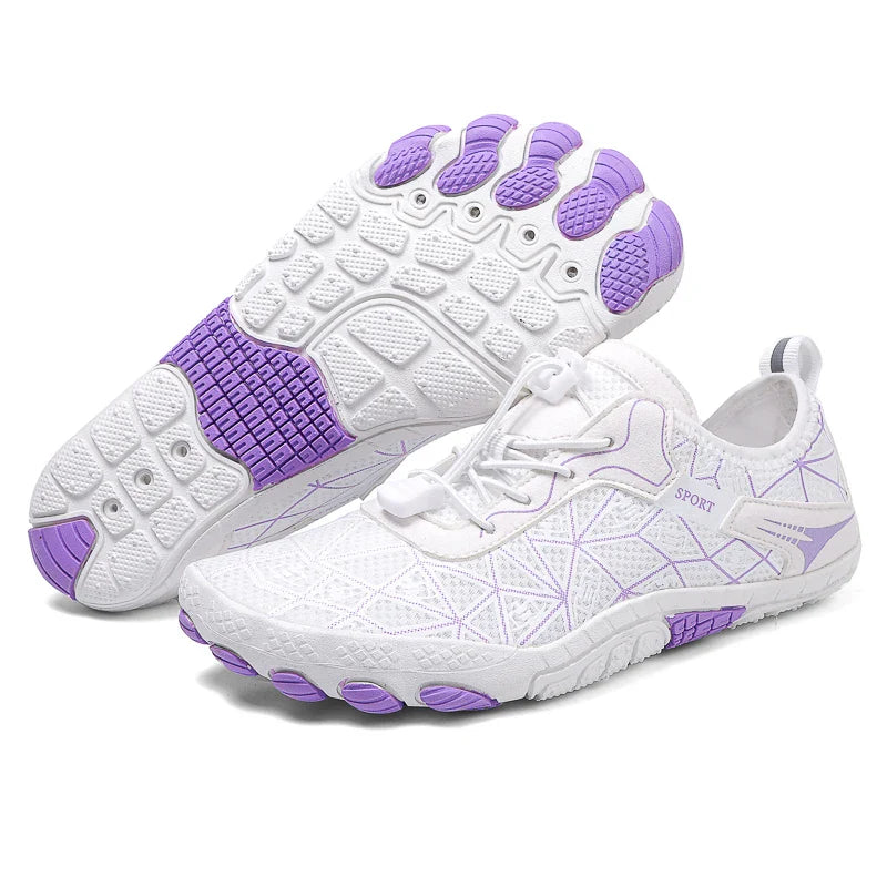 White waterproof barefoot sneakers with purple highlights and cushioned tread