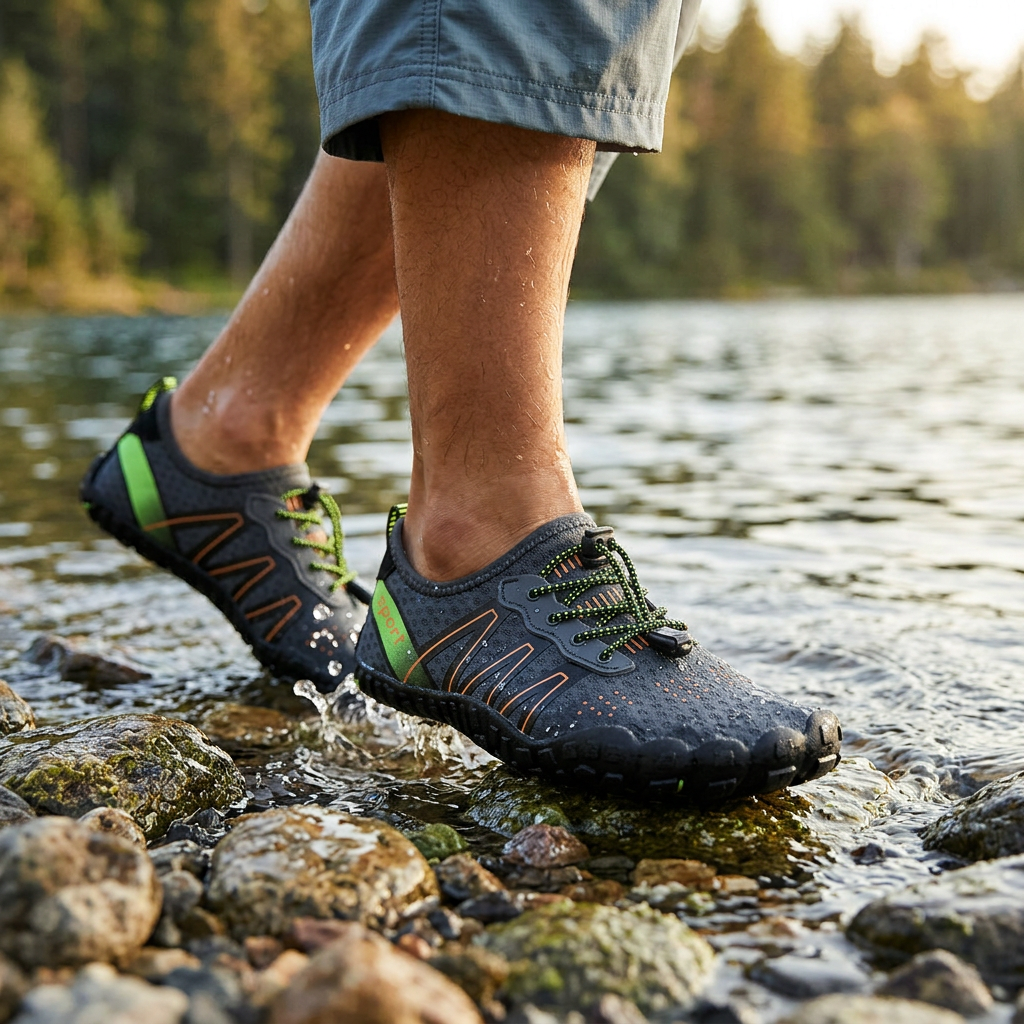 Water shoes in dark blue with green laces, worn in shallow stream with water splashes