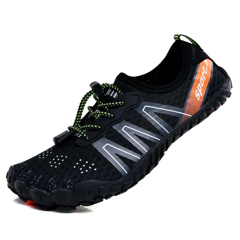 Unisex waterproof barefoot water shoe in black with gray stripes, green laces, orange SPORT-x