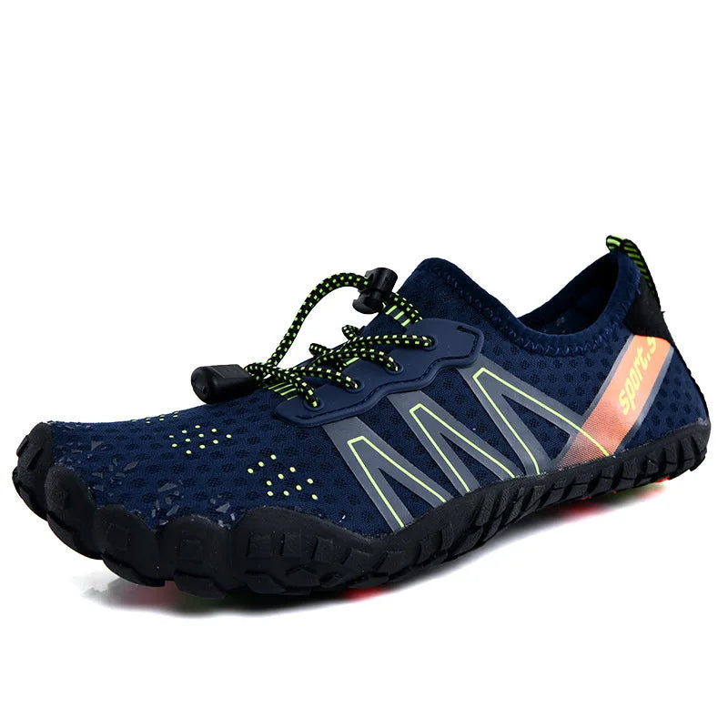 Unisex waterproof barefoot water shoe in blue with neon green laces and contrast stripes