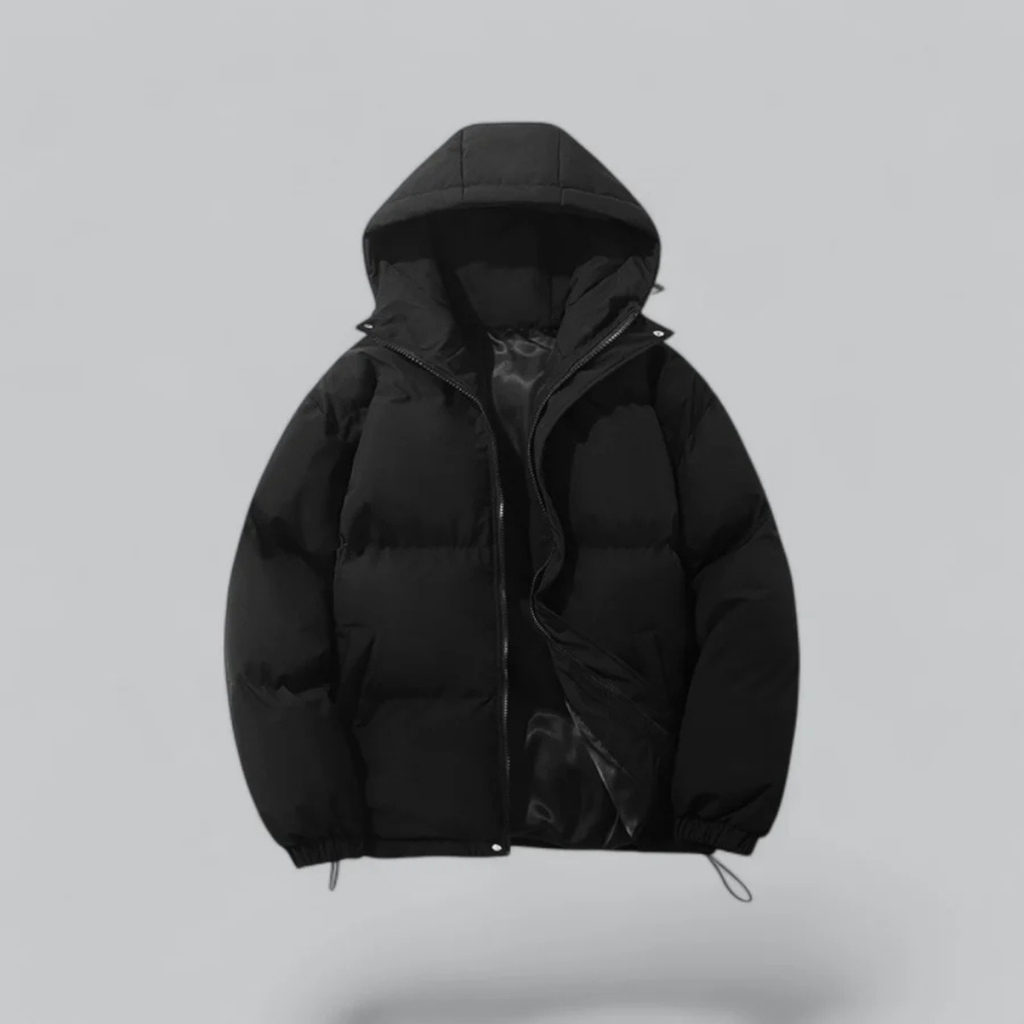 Black unisex winter puffer jacket with attached hood and front zipper