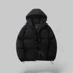 Black unisex winter puffer jacket with attached hood and front zipper