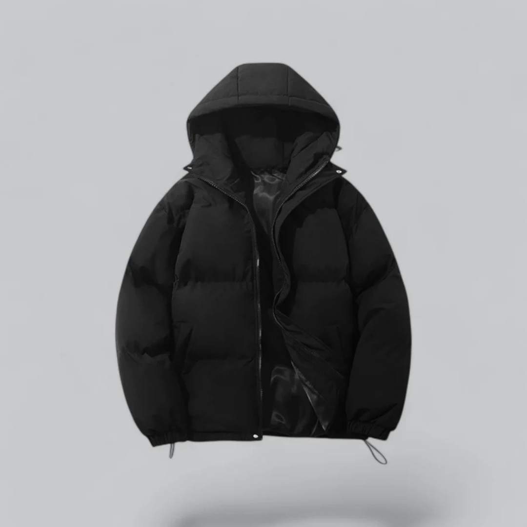 Black unisex winter puffer jacket with attached hood and front zipper
