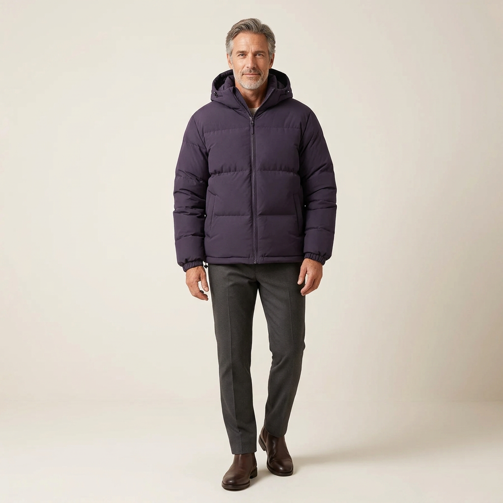Unisex Quilted Down Jacket Sewn In Hood Zip Front Regular Fit Medium Length Winter Wear