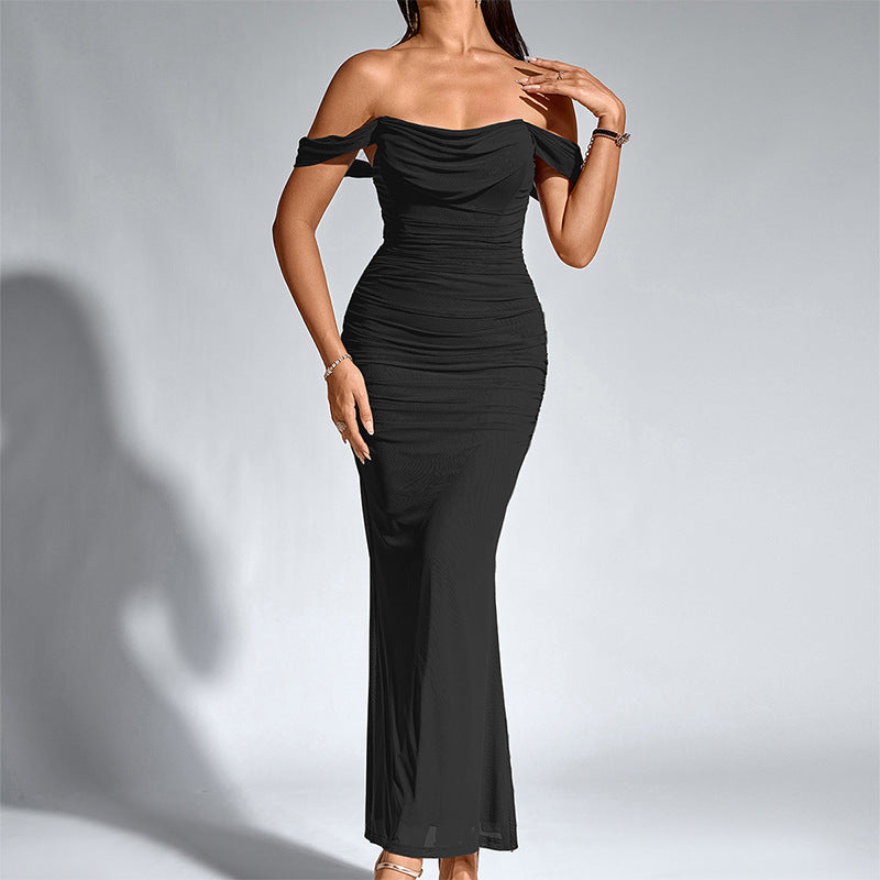 Black off-shoulder ruched mermaid evening dress with draped neckline