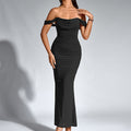 Black off-shoulder ruched mermaid evening dress with draped neckline