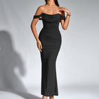 Black off-shoulder ruched mermaid evening dress with draped neckline
