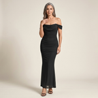 Black ruched off-shoulder mermaid evening dress with fitted structured bodice
