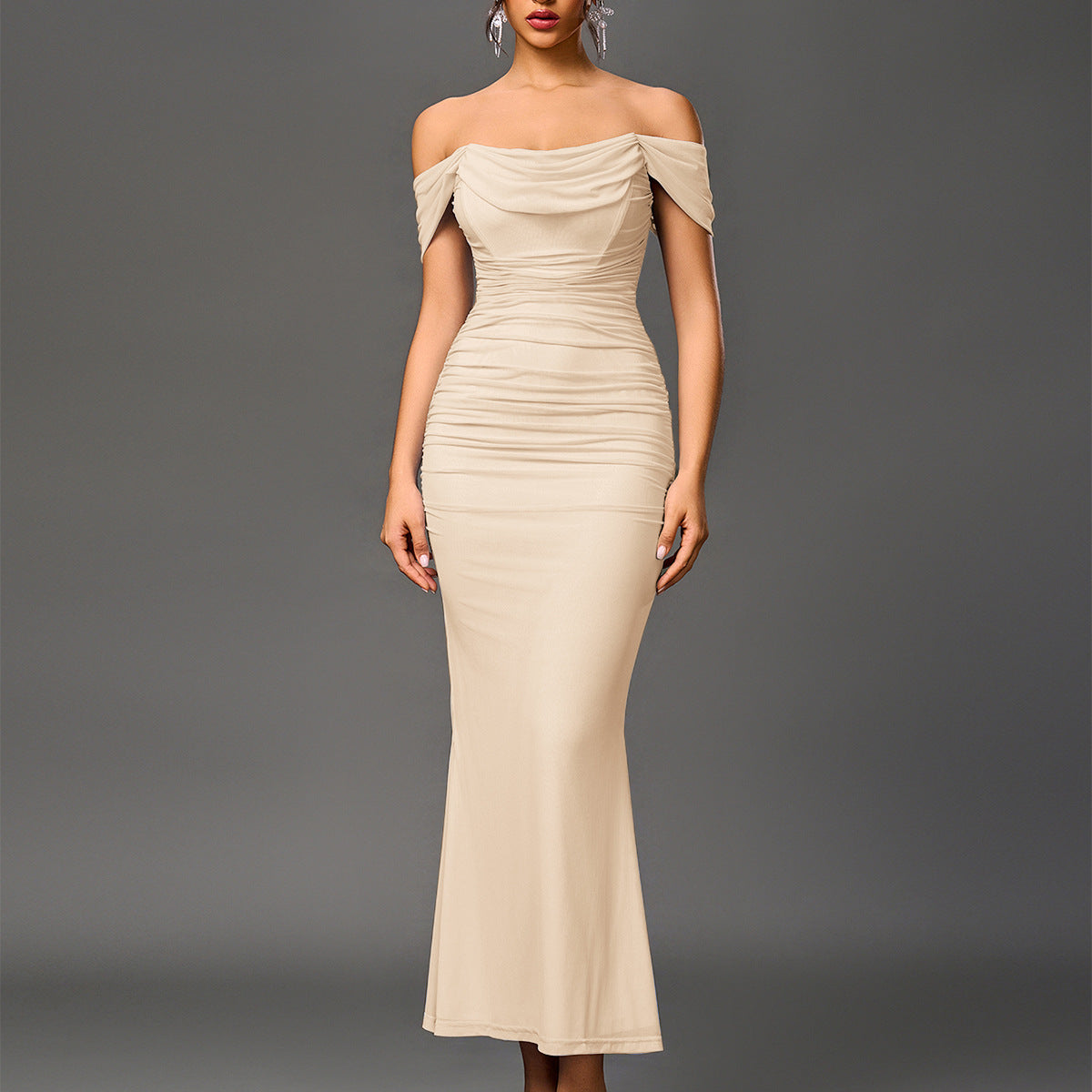 Apricot off-shoulder ruched mermaid evening dress with gathered waist
