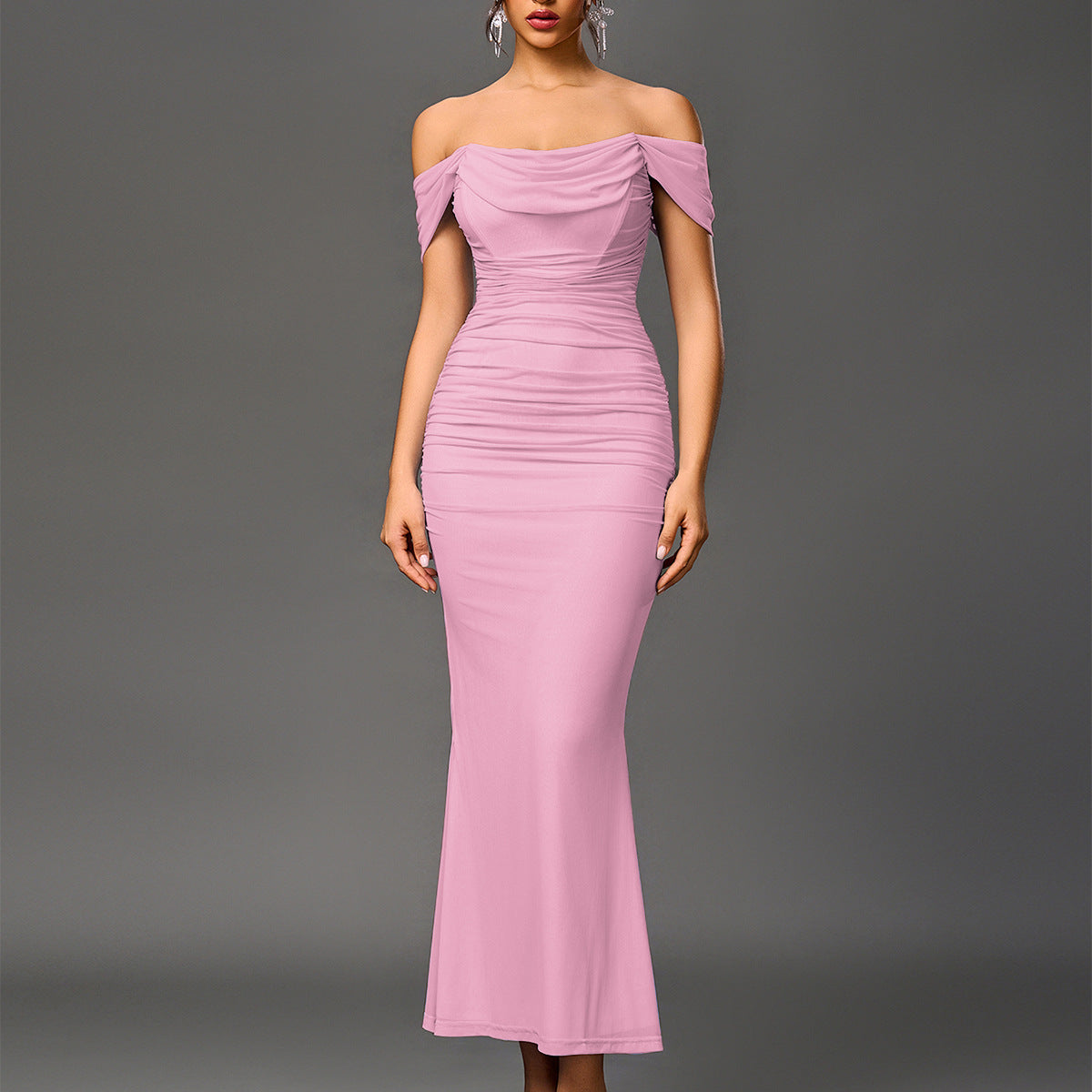 Pink off-shoulder ruched mermaid evening dress with off-shoulder drape