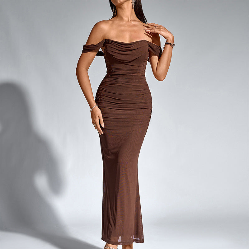Brown off-shoulder ruched mermaid evening dress with draped neckline