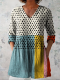 Long V-neck blouse with multicolor paneling and black polka dots, 3/4 sleeves