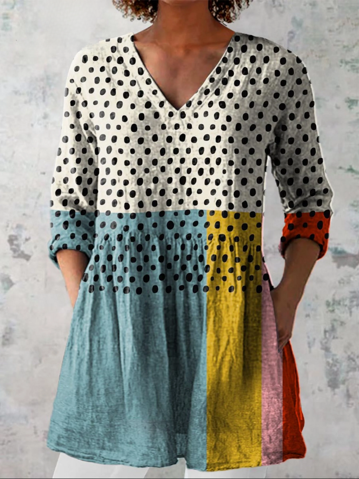 Long V-neck blouse with multicolor paneling and black polka dots, 3/4 sleeves