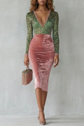 Pink velvet midi bodycon dress with green leopard print V-neck bodice