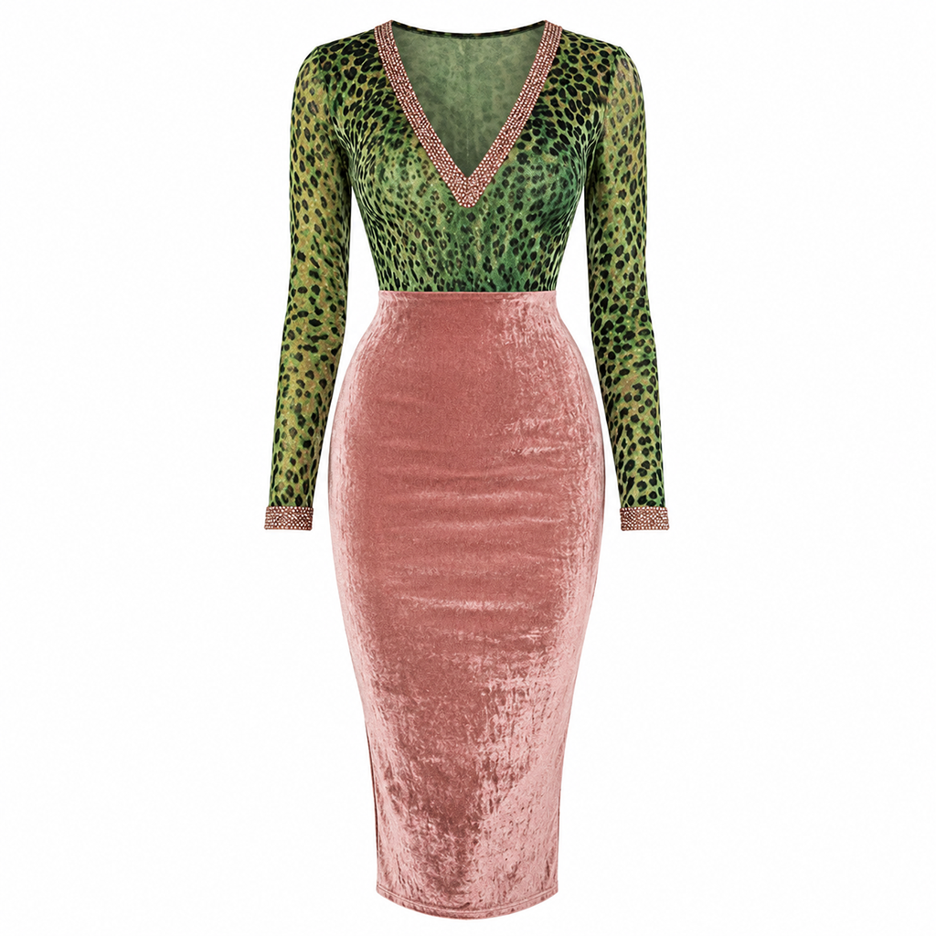 Pink velvet bodycon midi dress with green leopard-print long sleeves, V-neck