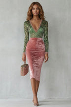 Pink velvet midi bodycon dress with green leopard print long sleeves and V-neck