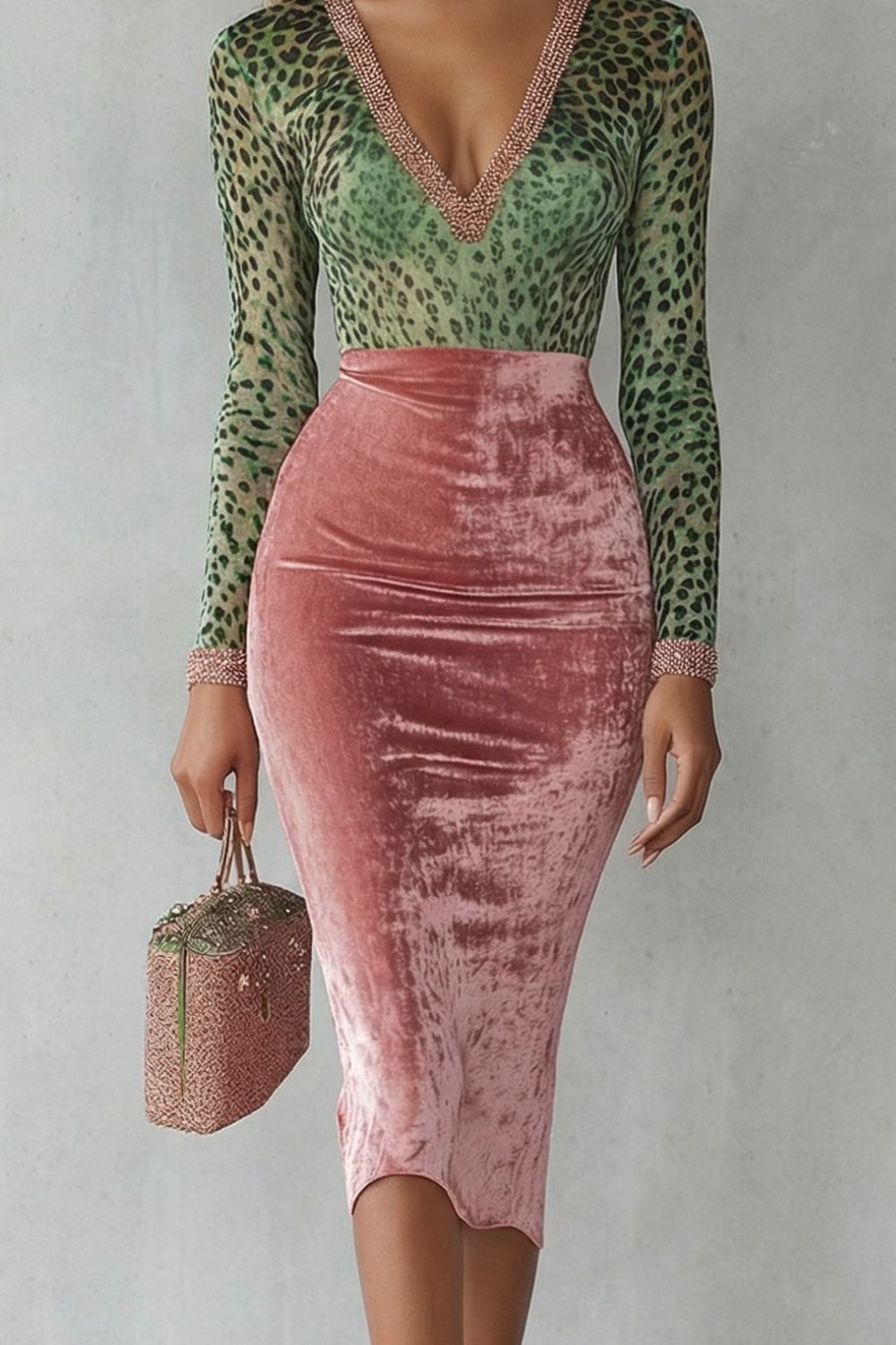 Pink velvet midi bodycon dress with green leopard print top and V-neck