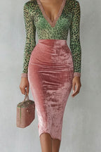 Pink velvet midi bodycon dress with green leopard print top and V-neck