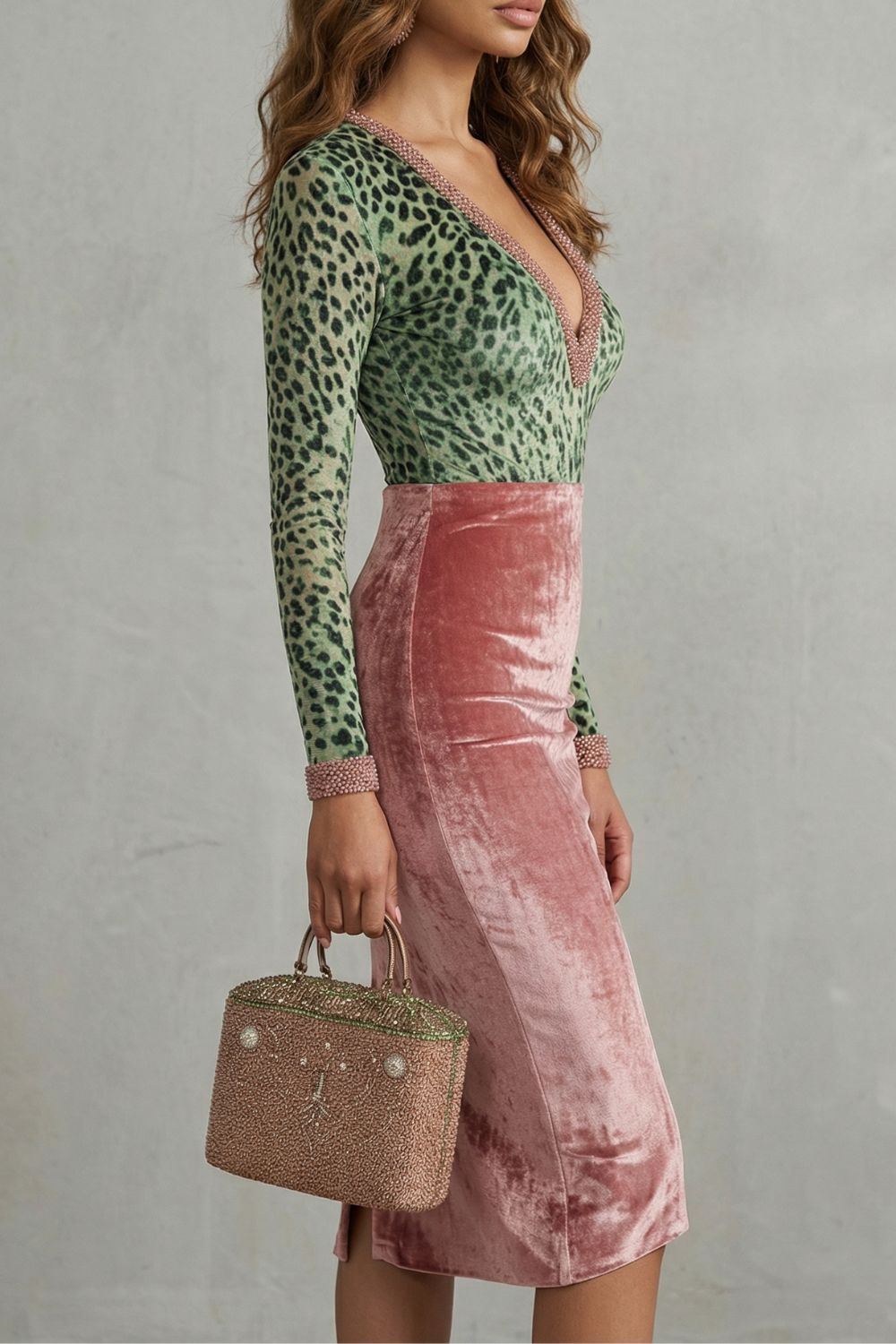Pink velvet midi bodycon dress with green leopard print bodice and side view