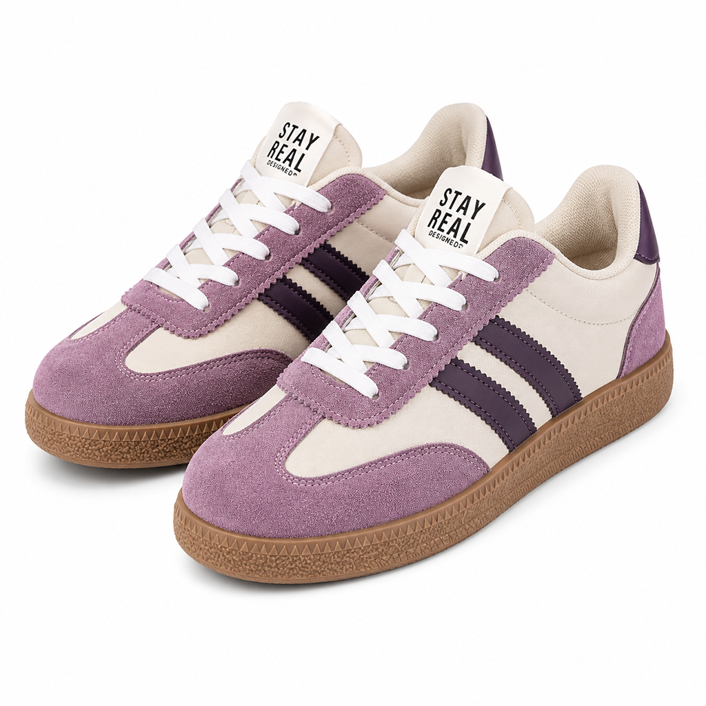 Women’s lightweight slip-on comfort sneakers, purple suede with white laces and gum sole