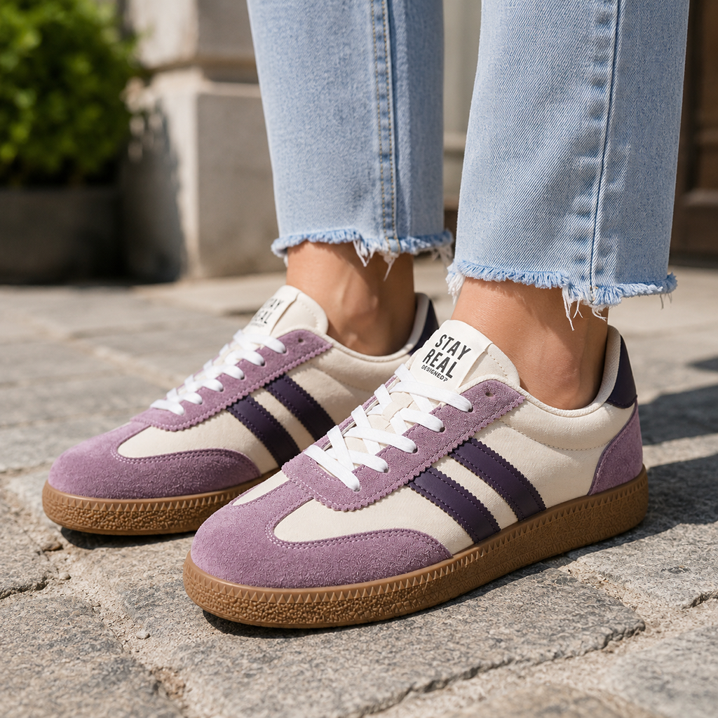 Women’s lightweight lace-up comfort sneakers, purple and white with stripe detailing