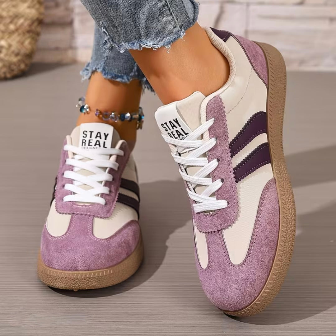 Women’s comfort lace-up sneakers in white and purple suede with gum sole