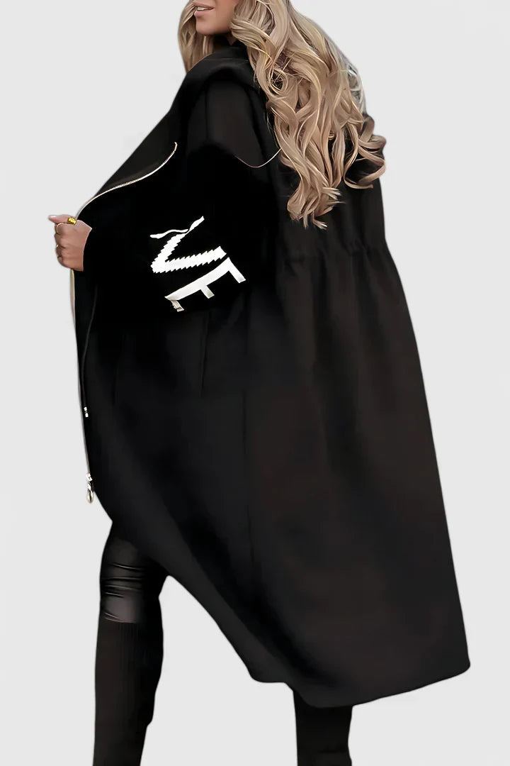 Black hooded long coat with front zip, drawstring, patch pockets, and large sleeve graphic.