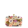 Floral embellished vegan leather clutch bag with gold-tone frame and handle rings