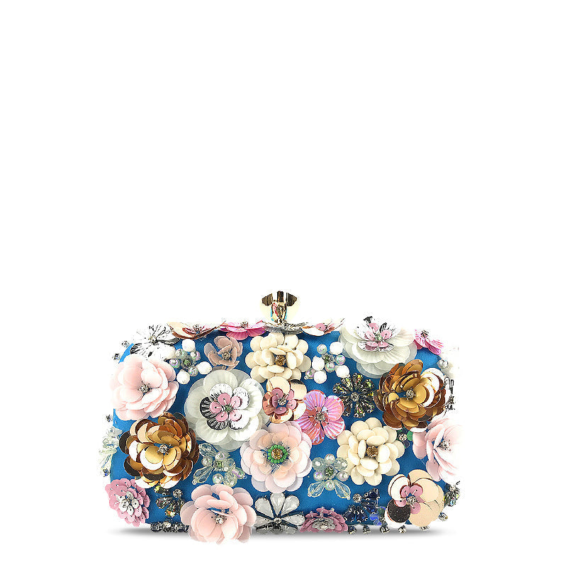 Structured clutch bag with floral embellishments and gold-tone clasp, blue base