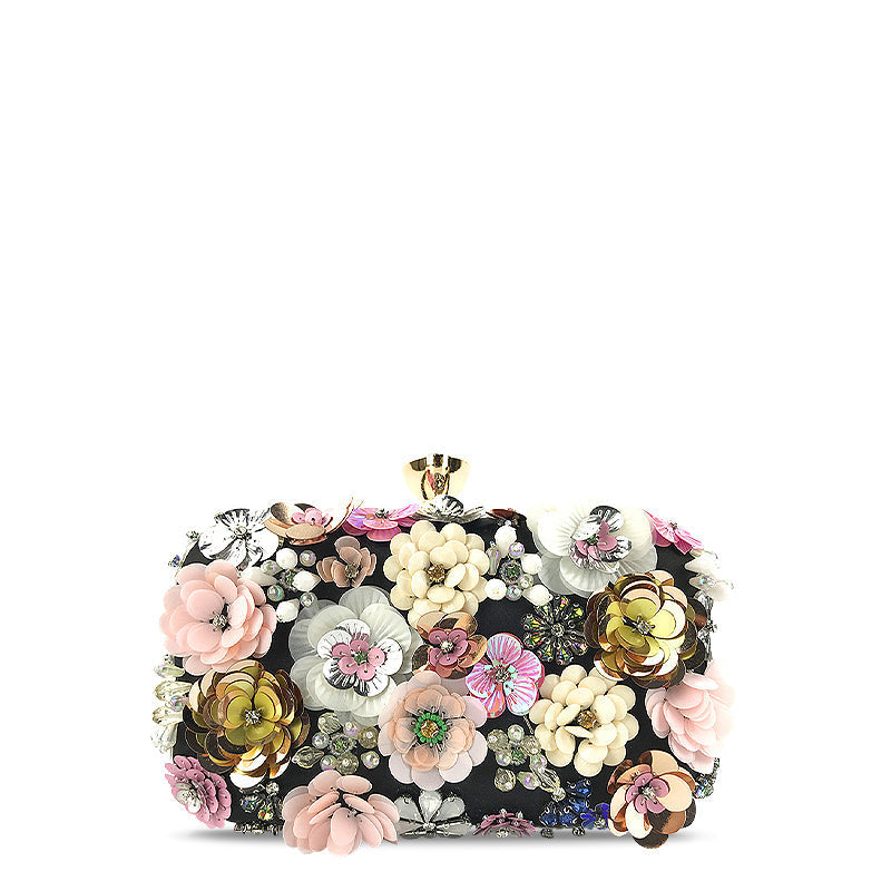 Structured clutch bag with floral embellishments and gold-tone clasp, black base