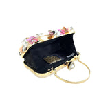 Open floral clutch bag with black lining and gold-tone frame with clasp