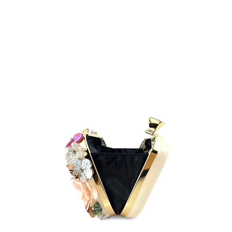 Floral vegan leather clutch bag with gold-tone frame and short top handles