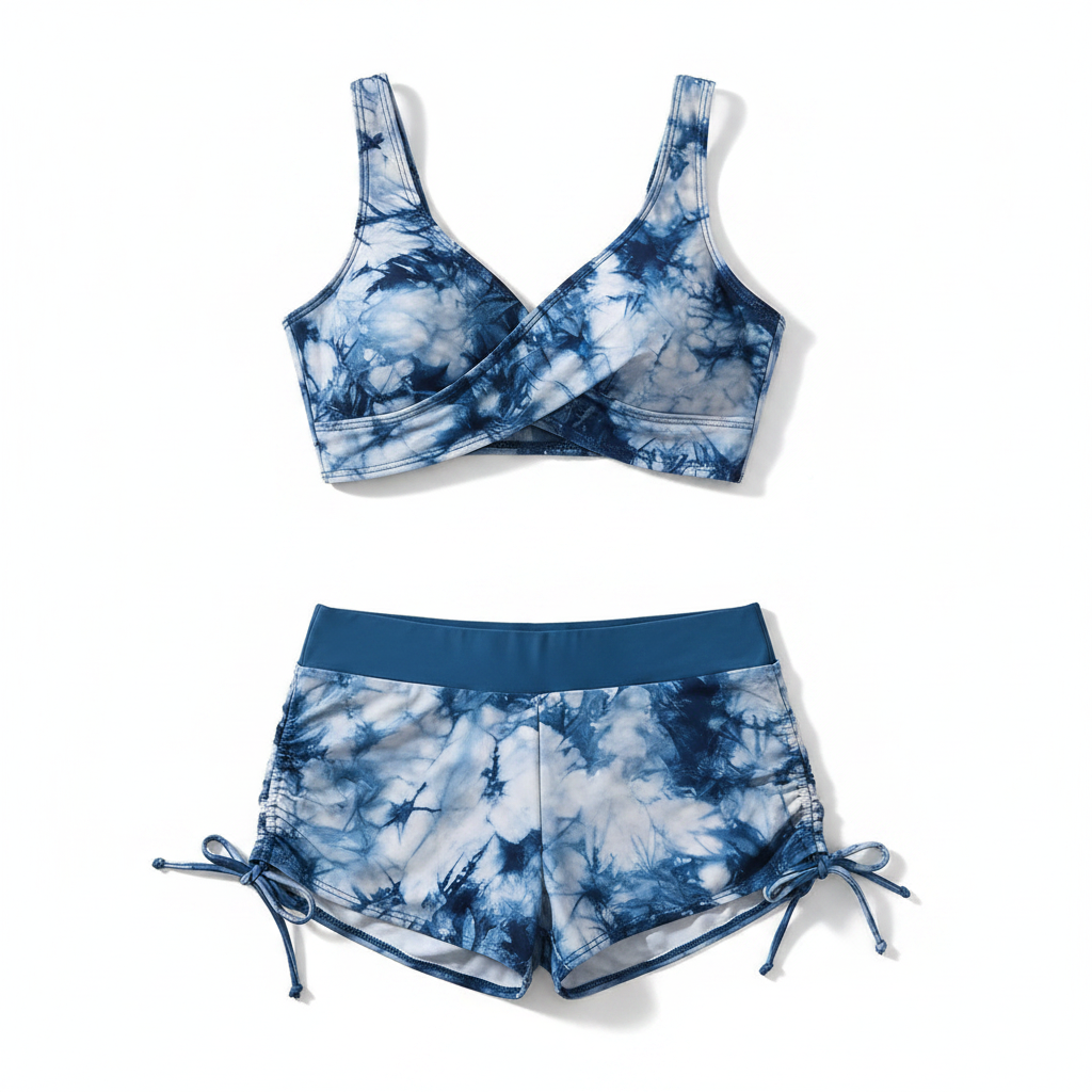 Blue tie-dye two-piece bikini set with underwire-style top and drawstring shorts
