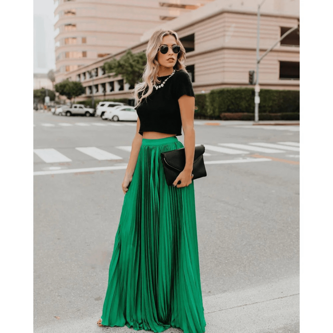 Women's pleated maxi skirt with elastic waistband, deep green