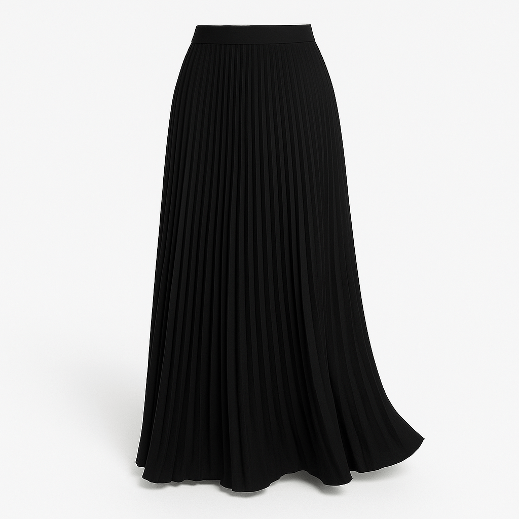 Women's pleated maxi skirt with elastic waistband, black pleats