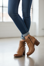 Tan strappy ankle-strap block-heel boots with square toe and stacked heel