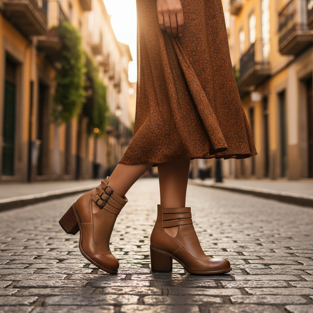 Brown vintage strappy ankle heels with buckle and block heel
