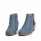 Women's blue ankle boots with side zipper and low block heel