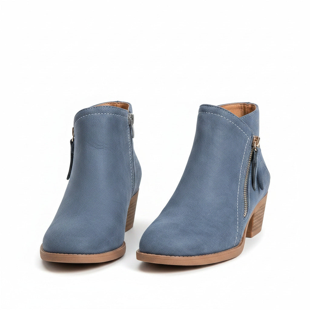 Women's blue ankle boots with side zipper and low block heel