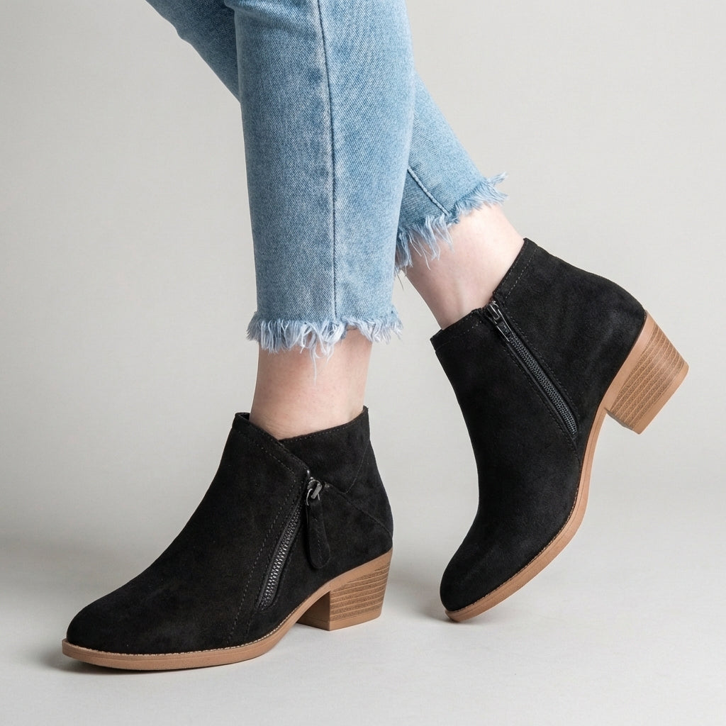 Women's black ankle boots with side zipper and low block heel