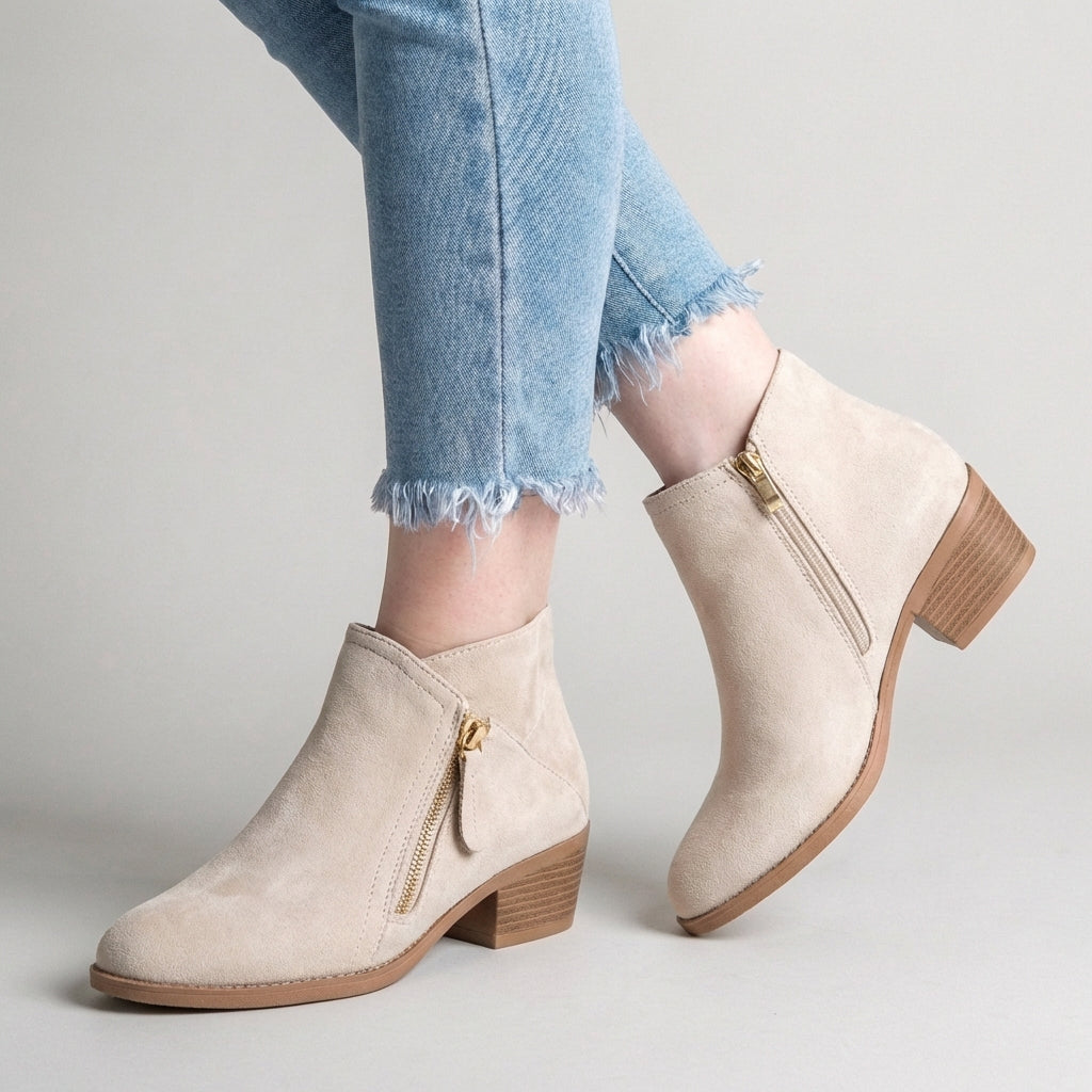 Women's light beige ankle boots with side zipper and low block heel