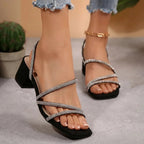 Black rhinestone block heel slip-on mules, square toe and ankle strap
