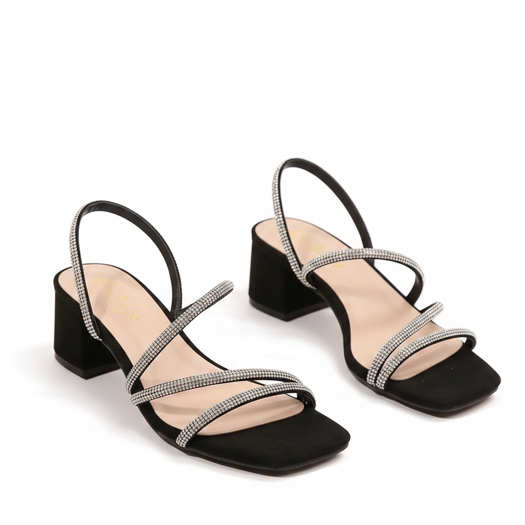 Black rhinestone block heel slip-on mules, square toe with crisscross straps